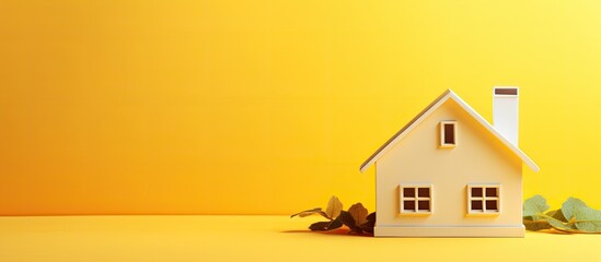 A minimalistic design is presented with a small white toy house, placed on a vibrant yellow background. symbolizes a dream home, mortgage property insurance, and a banner with copy space is displayed