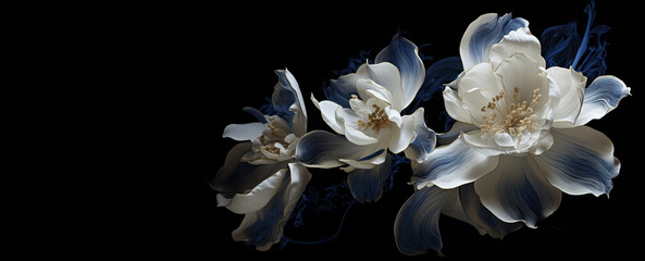 a wallpaper 3d botanical flowers with one big flower for whole artwork flowing alcohol ink style bioluminescence navy blue background, white, gold.