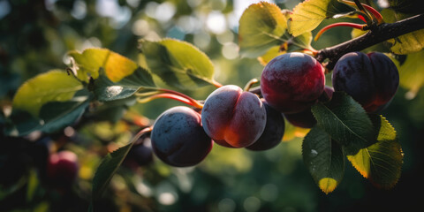 Plums on tree. Ripe plum hanging on a branch on a plum tree in the garden, copy space