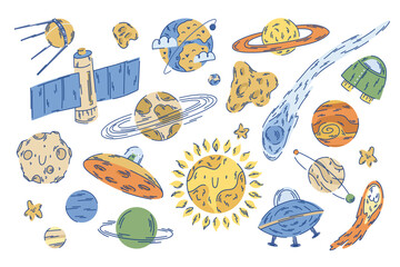 Set of space elements on a white background, satellites among the planets and stars, spacecraft © Senaysky