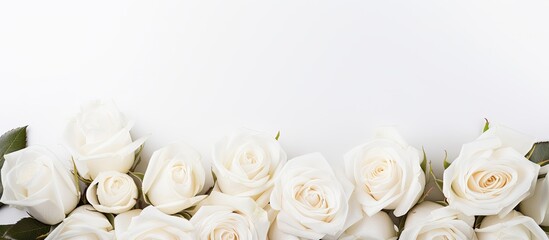 A banner for a website header design featuring a wedding bouquet of white roses on a white background with a soft focus. copy space available.