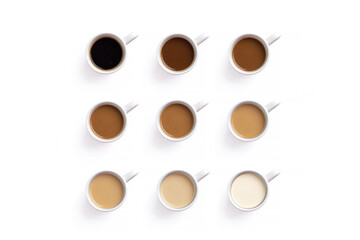 Square of coffee cups. Concept photo of a coffee lover from black to with milk Coffee banner HORIZONTAL