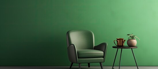 A green corner in a minimalist living room interior contains a dark armchair and an industrial side table with a tea kettle and cup, all upholstered.