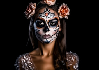 Woman with face painted in Calavera Сatrina style to celebrate the Day of the Dead, the Latin Halloween. Santa Muerte.