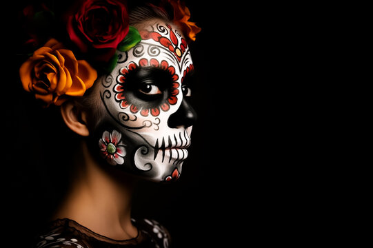 Woman with face painted in Calavera Сatrina style to celebrate the Day of the Dead, the Latin Halloween. Santa Muerte.