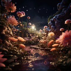 Fototapeta na wymiar Beautiful flowers with Milky Way star in night skies, full moon night AI generated image