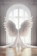 Backdrop with white angel wings. Ai generated image