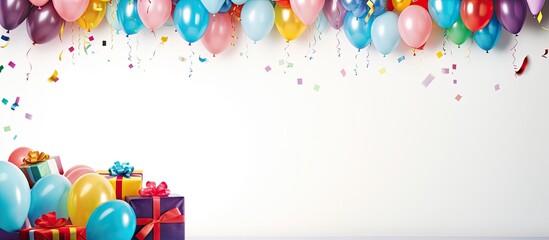Birthday party banner or backdrop featuring vibrant balloons, presents, party hats, confetti, candies, and streamers. Presented in a flat lay style with ample space for personalized greeting text.