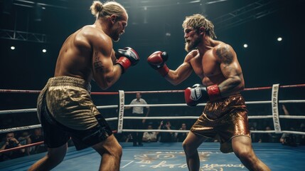 Fototapeta na wymiar Two European men are fighting Muay Thai on the ring, Generative AI