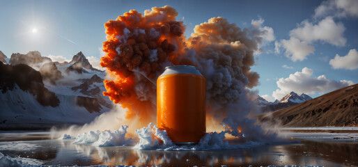 Fantastical Orange Soda Can Explosion in Mountainous Landscape. Orange soda can mockup design