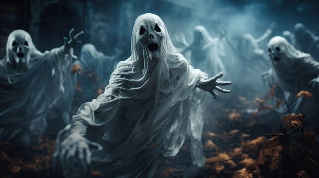 Ghost and Halloween decorations with light and bokeh background. Halloween theme