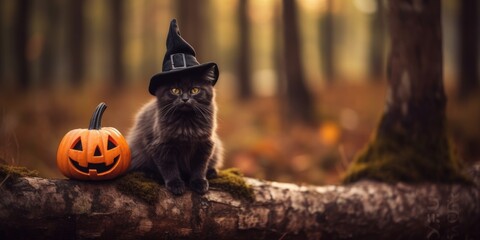 Cute little gray Kitten in a black witch hat in the autumn forest. Place for text. 