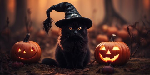 Kitten in a witch's hat in the autumn forest. Place for text. Generative AI