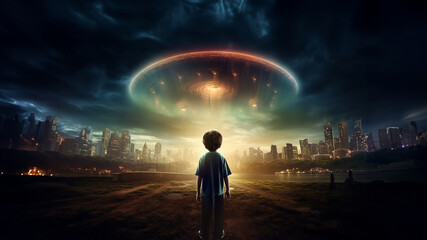Kleiner Junge in der Zukunft sieht Ufo mit Aliens, ai generativ