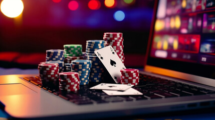 Someone playing online casino on their computer - obrazy, fototapety, plakaty