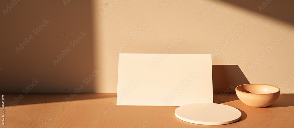 Poster Blank paper cards with a mockup for text and a wooden tray are placed on a beige background, creating a minimal and professional business brand template. The design includes ample spac