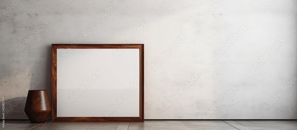 Aufkleber a vintage wooden frame is placed on a white cement wall and black marble floor with a shadow in the 