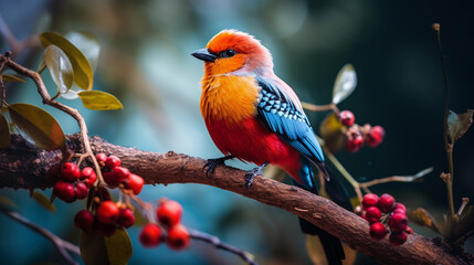 Red and Blue Bird Perched Amidst Tree's Canopy