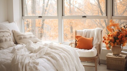 Warm bedroom in autumnal atmosphere and decoration.