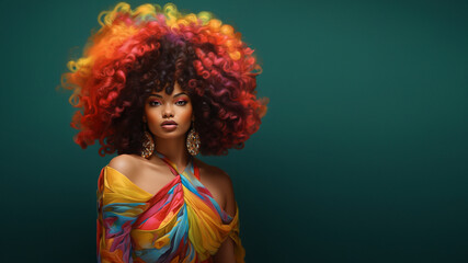 Model Afroamerikanisches Gesicht in Popigen farbigen Outfit und Blumendekoration im Haar, ai generativ
