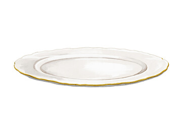 Watercolor vintage white empty plate for food with golden rim isolated on white background. Hand drawn illustration sketch