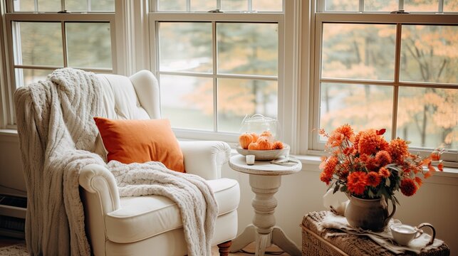 Cozy livingroom corner inside the house, autumnal atmosphere and decoration, brown and orange colors.