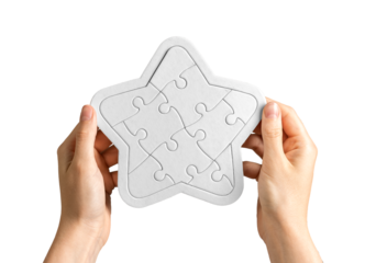 Hands holding star-shaped puzzle, connected together, solved. Opinion, rating, ranking concept