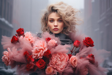 eine blonde Frau trägt einen Blumenstrauß aus roten Rosen , blonde woman carries bouquet of red roses - obrazy, fototapety, plakaty