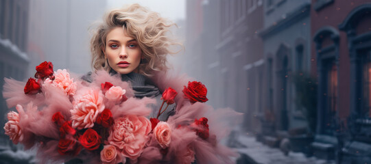 eine blonde Frau trägt einen Blumenstrauß aus roten Rosen , blonde woman carries bouquet of red roses