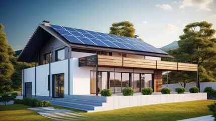 Building with solar panels on the roof. Sustainable and clean energy at home