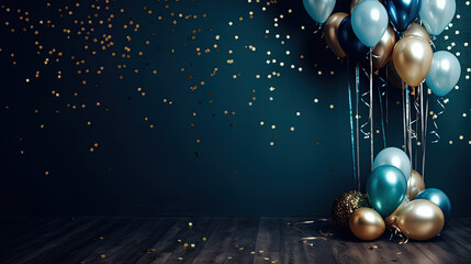 illustration of new year dark blue background with scatter accessories of balloons and stars, dark brown wooden stage