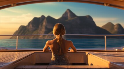 View from behind woman relaxing on a luxury boat