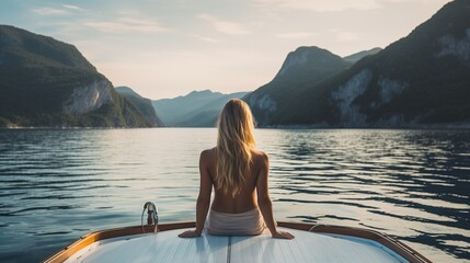 View from behind woman relaxing on a luxury boat