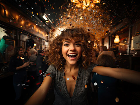 happy curly girl looking at the camera with sprinkled  confetti in the middle of a festive party