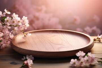 Circular wooden empty podium for presentation or advertising, Background with blurred flowers and scattered petals space, Concept of scene stage for natural products or promotion sale, Generative AI
