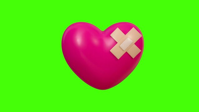 Broken heart with broken heart scars on green screen background. Broken heart Animation. Broken heart.
