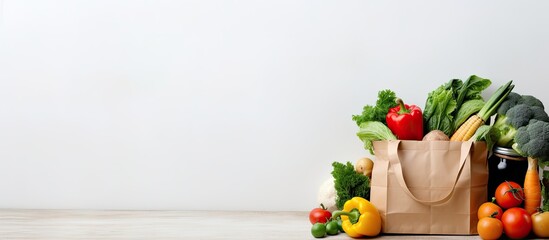 background of healthy food delivery. It features a paper bag filled with vegan and vegetarian food, including fruits and vegetables. has a white background with copy space, making it suitable for - Powered by Adobe