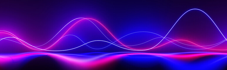 Neon light lines motion effect. Abstract blue and pink sound waves with smoke and reflection on water surface 3d render. Glowing curved trails, laser show on dark black background. 3D illustration