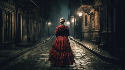 A woman ghostly figure, red spots on her victorian dress, looming the dark night in the street, ghost, frightening atmosphere, urbain city, full figure, dark night, dark alley