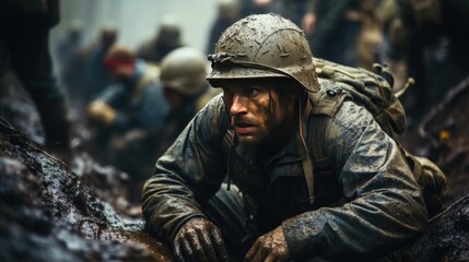 Fototapeta premium Group of soldiers covering in muddy trench during war. Selective focus. Military operation. In between attacks. Army concept. Illustration for banner, poster, cover, brochure or presentation.