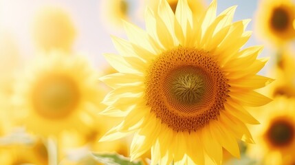 Obraz premium A field of sunflowers. Floral abstract background with selective focus. Illustration for cover, card, postcard, interior design, decor or print.