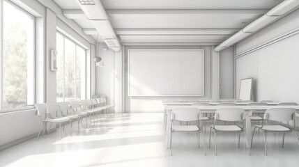 A classroom or presentation room and white chairs, Teaching lesson class or conference room.