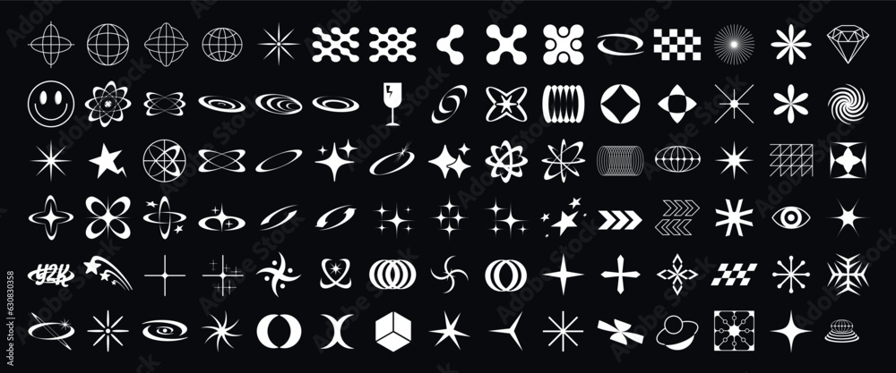 Wall mural retro y2k futuristic elements vector graphic assets set. bold modern shapes object in y2k style.