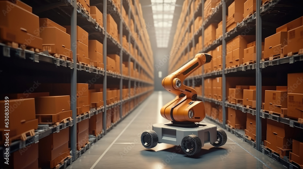 Poster smart automation arm robot working at warehouses, conveyor belt production line, control by artifici