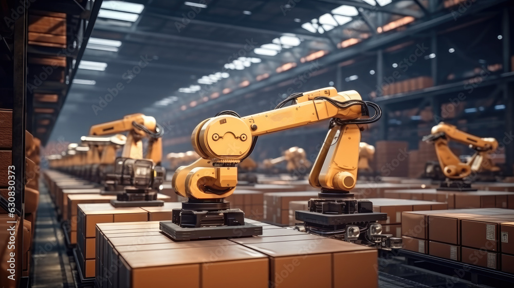 Leinwandbilder Automation manufacturing robot at modern warehouse using IOT software connected to internet network.