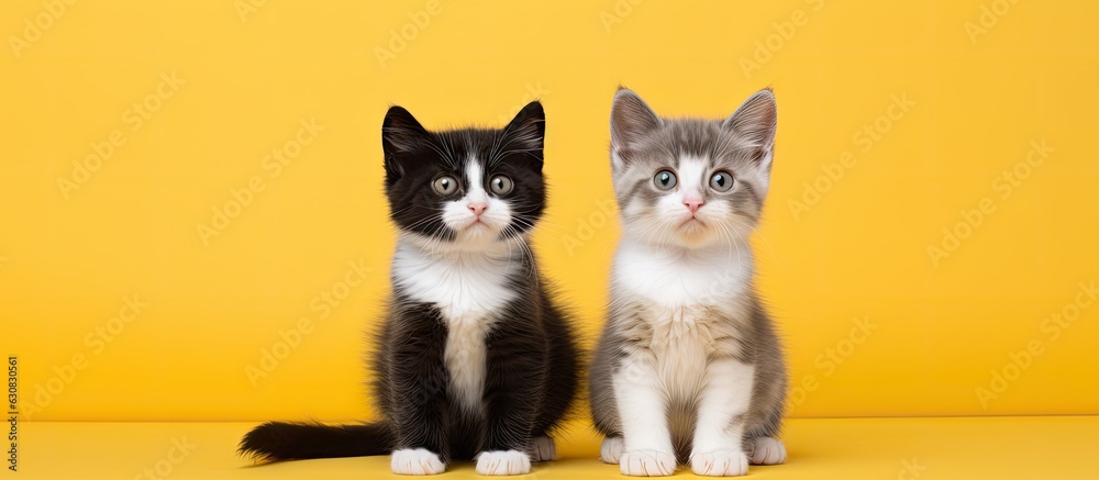 Poster A small gray and white kitten with a curious facial expression is sitting on a yellow background. The cat is isolated and empty space around it.