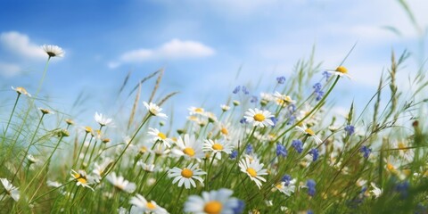  Beautiful field meadow flowers chamomile, blue wild peas in morning against blue sky with clouds, nature, close-up macro. Wide format, copy space. Delightful pastoral airy artistic, Generative AI