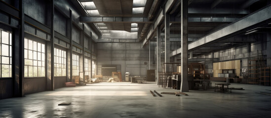 Fototapeta premium Interior of factory, factory shop, workshop. Old industrial enterprise. Empty large factory room background