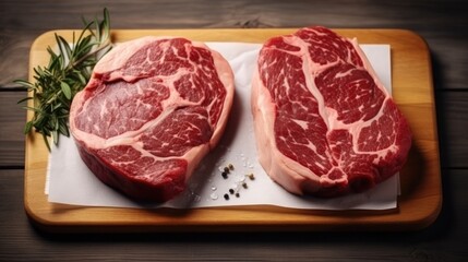 Fototapeta premium Seasoning Raw Beef, Two raw rib eye steaks on a wooden Board on a table prepared for the grill. Top view.