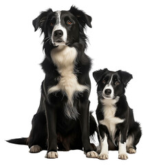 happy border collie puppy and adult dog isolated on transparent background